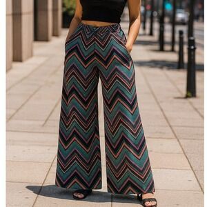 New Sou Bisou Wide Leg Palazzo Pants Chevron Print Lined Casual‎ Comfy Small $50